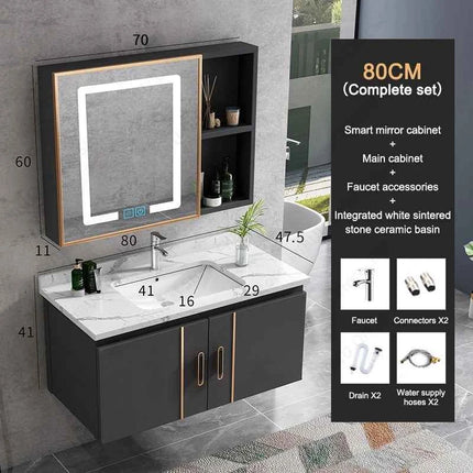 Bathroom Vanity Cabinet Set with Integrated Ceramic Sink Drain Accessories Wall Mounted Aluminum Storage Cabinet Mirror Combo