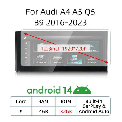12.3 Android 14 Wireless Carplay For Audi A4 A5 Q5 B9 2017 2016-2023 IPS Touch Screen WIFI Multimedia Stereo GPS Navi Receiver