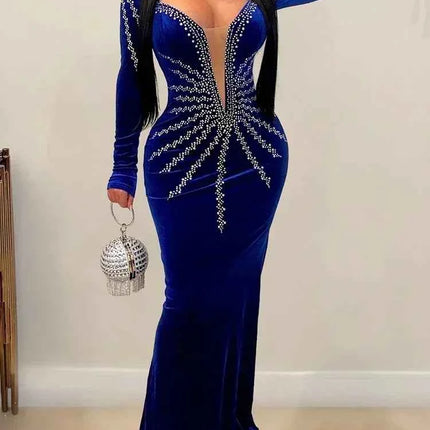2025 Elegante abito da festa lungo in velluto con diamanti per donna Abito da sera sexy con scollo a V profondo Abito formale nero sottile