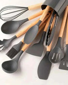 12pcs Set of Multi-color Silicone Wooden Handle Kitchenware Set Non Stick Pot Spatula and Spoon Cooking Utensils, Heat-resistant