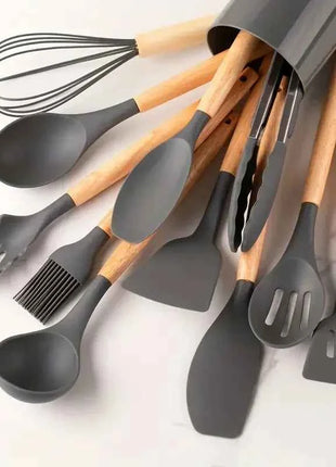 12pcs Set of Multi-color Silicone Wooden Handle Kitchenware Set Non Stick Pot Spatula and Spoon Cooking Utensils, Heat-resistant