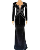 2025 Elegante abito da festa lungo in velluto con diamanti per donna Abito da sera sexy con scollo a V profondo Abito formale nero sottile