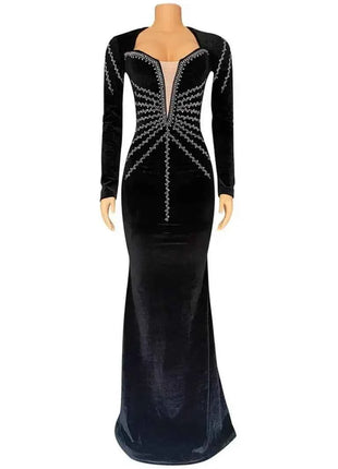 2025 Elegante abito da festa lungo in velluto con diamanti per donna Abito da sera sexy con scollo a V profondo Abito formale nero sottile