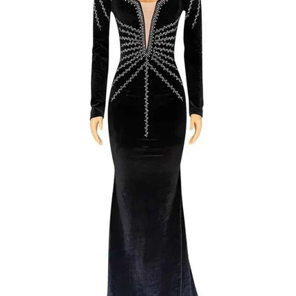 2025 Elegante abito da festa lungo in velluto con diamanti per donna Abito da sera sexy con scollo a V profondo Abito formale nero sottile