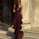 Elegant Solid Ruffled Sling Dress for Women Fashion Sleeveless Backless Party Maxi Dresses 2025 New Female Vacation Robes Street