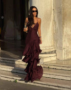 Elegant Solid Ruffled Sling Dress for Women Fashion Sleeveless Backless Party Maxi Dresses 2025 New Female Vacation Robes Street
