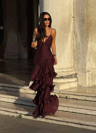 Elegant Solid Ruffled Sling Dress for Women Fashion Sleeveless Backless Party Maxi Dresses 2025 New Female Vacation Robes Street