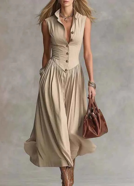 Abito lungo estivo da donna 2026 senza maniche, sexy, con bottoni e risvolto, a vita alta, stile bohémien, arricciato, tinta unita, per vacanze