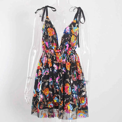 Abito corto da donna sexy con cravatta floreale con paillettes senza schienale a V profondo