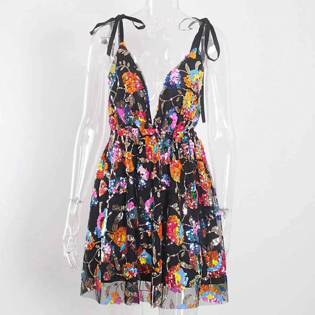 Abito corto da donna sexy con cravatta floreale con paillettes senza schienale a V profondo