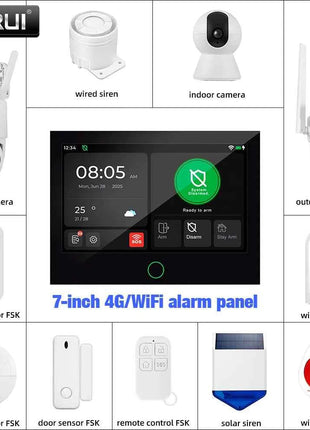 Sistema di Allarme Domestico KERUI 4G/WiFi GSM con Pannello Touch Screen IPS da 7 Pollici Compatibile con Tuya Sistema di Allarme Wireless Antifurto