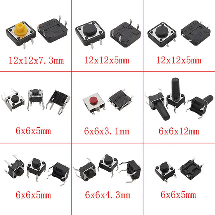 125 Pz/lotto 25 Tipi Touch Switch Micro Pulsante Kit Assortito 2*4 3*6 4*4 6*6 12*12mm per TV Giocattoli Casa Usee Uso FAI DA TE