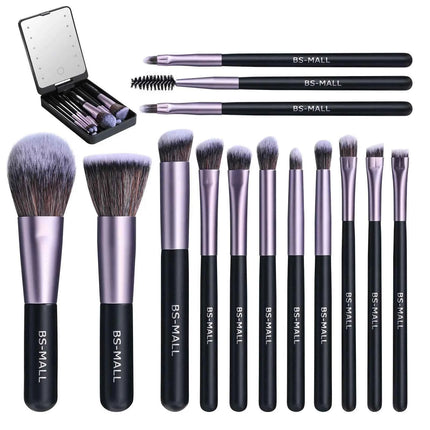 14 PCS Makeup Brush Set With Illuminated Mirror Portable Short Handle LED Light USB Rechargeable Makeup Brushes Kit