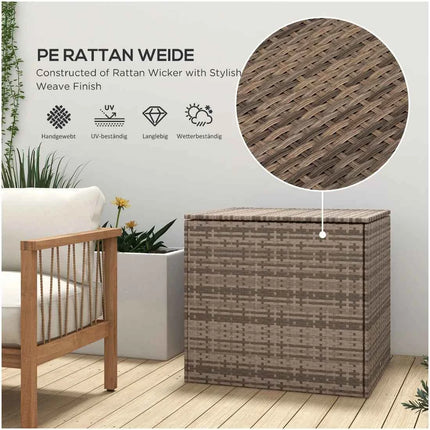 Weatherproof Poly Rattan Garden Storage Box - 75x75x70cm Sand, Gas Lift Lid, Cushion Organizer for Patio & Balcony