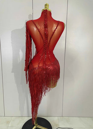 STOCK Strass scintillanti Nappa Abito trasparente sexy Donna Una spalla Abiti da ballo latino Bar Discoteca Costume di scena per feste