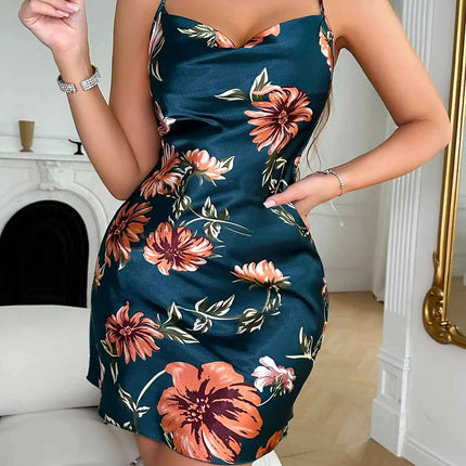 Abito Estivo Donna Stampa Floreale Scollo Americana Mini Abito Sexy Senza Maniche Poliestere S-XL