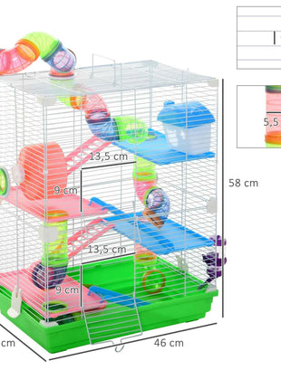 Pawut Cage for hamster and gerbil 5-stage, secure metal fence habitat with tunnels, wheel, house and lashers,