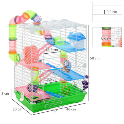 Pawut Cage for hamster and gerbil 5-stage, secure metal fence habitat with tunnels, wheel, house and lashers,