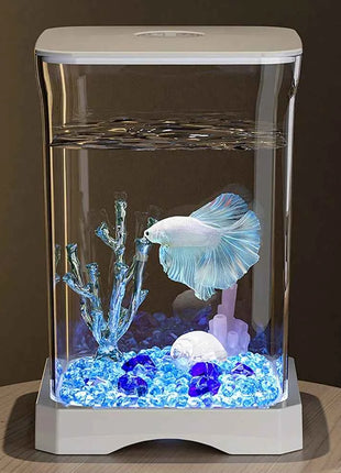 Aquarium Starter Kit Mini Desktop Rectangular Fish Tank With Top Feeding Hole with Bottom Light Tabletop Decoration For Betta
