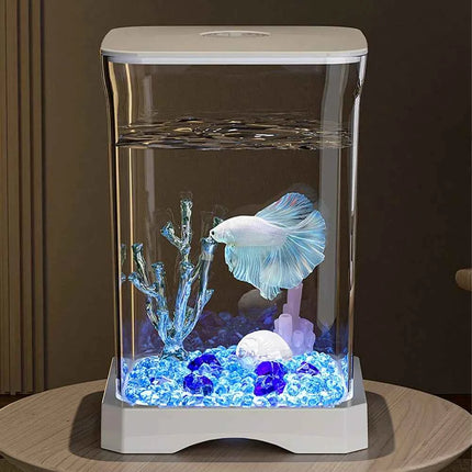 Aquarium Starter Kit Mini Desktop Rectangular Fish Tank With Top Feeding Hole with Bottom Light Tabletop Decoration For Betta