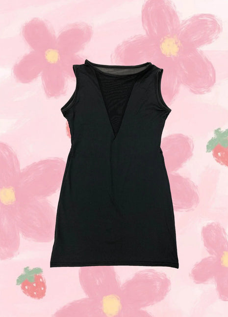 Abiti alla Moda Minimalisti e Sexy con Inserti in Rete Nera, Scollo a V Profondo, Senza Maniche, Aderenti e Versatili, Gonne Mini con Collo Rotondo