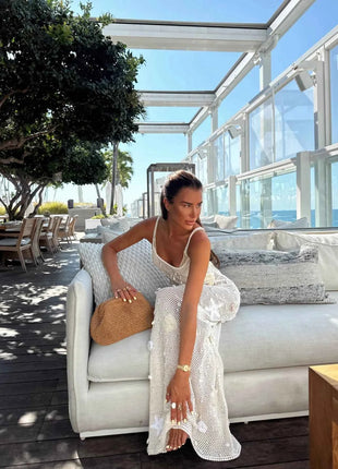 Knit Crochet Long Dress Sleeveless Dress Women Summer Party Dresses Cover Up Elegant Slim Maxi Vestidos Holiday Beach Robe