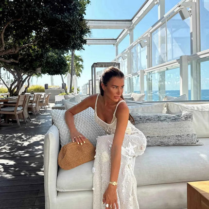 Knit Crochet Long Dress Sleeveless Dress Women Summer Party Dresses Cover Up Elegant Slim Maxi Vestidos Holiday Beach Robe