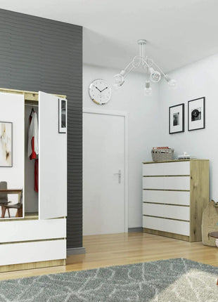 Mobile AKORD S90 in Rovere Artigianale 90 cm con Specchio, 2 Ante, 2 Cassetti, Colore Bianco Opaco, 4 Ripiani, 90x51x180 cm