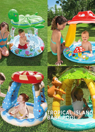 Tropical Island Coconut Tree Design Inflatable Kids Pool Baby Swimming Pool with Sunshade Canopy 1-3Y Outdoor Water Fun Play