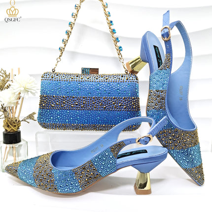 QSGFC Scarpe con tacco alto da donna di alta qualità, set di scarpe e borsa nere e oro, suola resistente, design italiano alla moda per matrimoni in Nigeria
