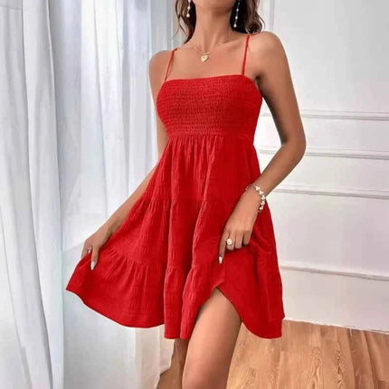 Abito Mini Estivo da Donna con Spalline Sottili, Bustier Arricciato, Blu con Balze a Strati, Casual per Vacanze e Spiaggia