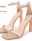 New Fashion strass una parola cinturino scarpe a spillo 10.8 cm tacchi altissimi sandali da donna testa quadrata sandali eleganti di colore nudo