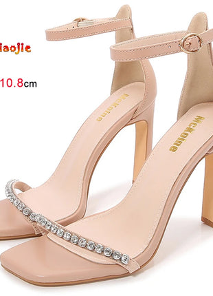 New Fashion strass una parola cinturino scarpe a spillo 10.8 cm tacchi altissimi sandali da donna testa quadrata sandali eleganti di colore nudo