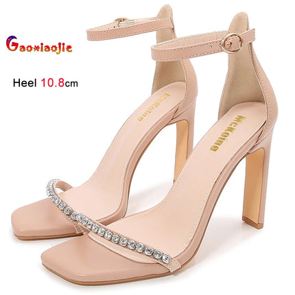New Fashion strass una parola cinturino scarpe a spillo 10.8 cm tacchi altissimi sandali da donna testa quadrata sandali eleganti di colore nudo