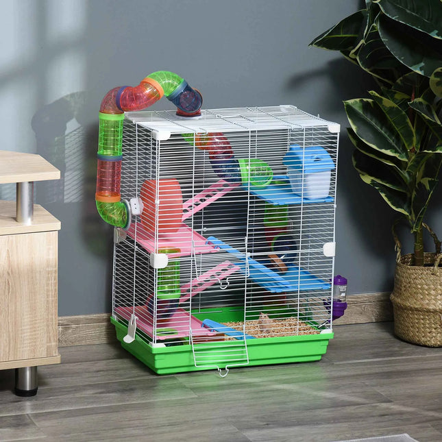 Pawut Cage for hamster and gerbil 5-stage, secure metal fence habitat with tunnels, wheel, house and lashers,