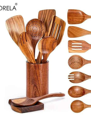 Set 9 Cucchiai e Utensili da Cucina in Legno di Teak con Porta Utensili Incluso