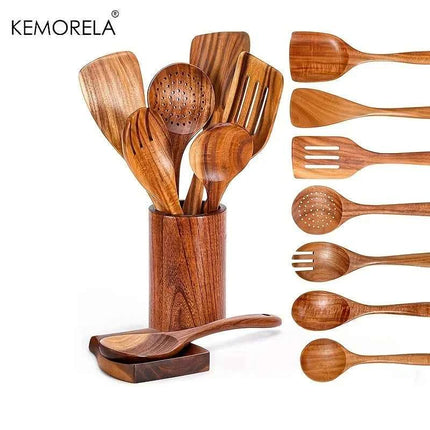 Set 9 Cucchiai e Utensili da Cucina in Legno di Teak con Porta Utensili Incluso