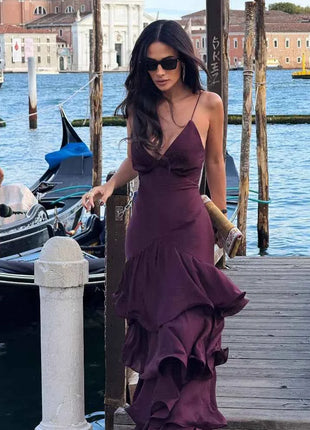 Elegant Solid Ruffled Sling Dress for Women Fashion Sleeveless Backless Party Maxi Dresses 2025 New Female Vacation Robes Street
