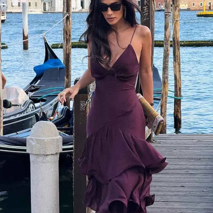 Elegant Solid Ruffled Sling Dress for Women Fashion Sleeveless Backless Party Maxi Dresses 2025 New Female Vacation Robes Street