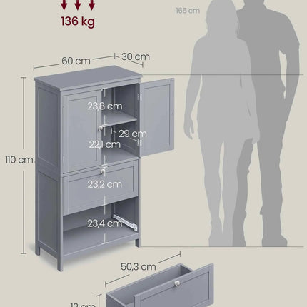 VASAGLE Bathroom Cabinet Kitchen Cabinet with 2 Drawers and 2 Doors, Adjustable Shelf, 30 x 60 x 110 cm, Dove Grey