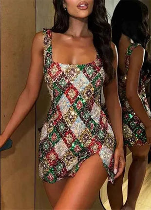 Colorful Diamond Pattern Sequin Slit Sexy Dress Women Elegant Party Club Dress Backless Mini Summer Dress Luxury Vestidos