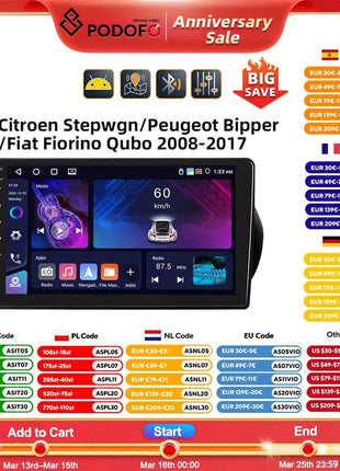 Podofo 2Din 8 + 128G Car Radio For Citroen Nemo/Peugeot Bipper/Fiat Fiorino Qubo 2008-2017 Android Auto Carplay GPS RDS Car Stereo
