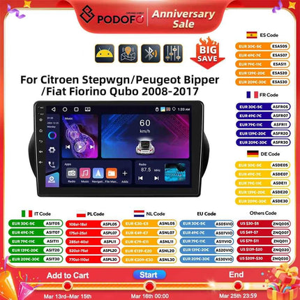 Podofo 2Din 8 + 128G Car Radio For Citroen Nemo/Peugeot Bipper/Fiat Fiorino Qubo 2008-2017 Android Auto Carplay GPS RDS Car Stereo