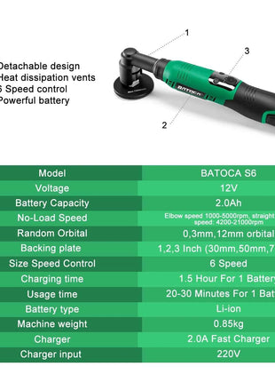 BATOCA S6 Cordless Mini Car Polisher 12V Cordless Polisher for Car Waxing 2.0Ah Buffer Polisher with Extension rod