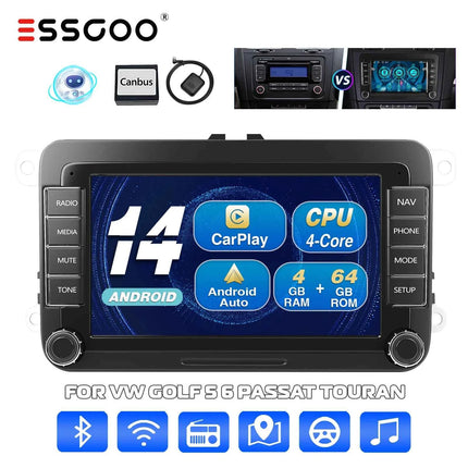 ESSGOO 7" Android 14 4+64G Wireless CarPlay Car Stereo Radio for VW Golf 5 6 Passat Polo Touran Tiguan Caddy GPS Navi RDS FM BT
