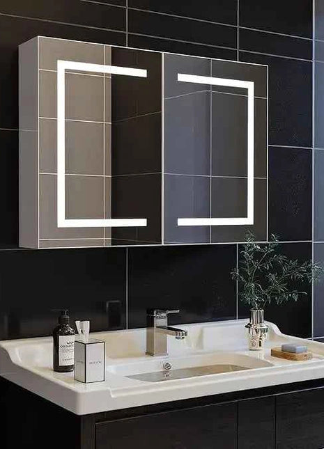 Rosahqnda anti-fog bathroom mirror cabinet with LED lighting, height adjustable shelves, 3 color temperature dimmable