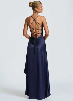 Mozision Satin Spaghetti Strap Ruffle Sexy Maxi Dress Women Off-shoulder Sleeveless Backless Thigh High Split Club Party Dress