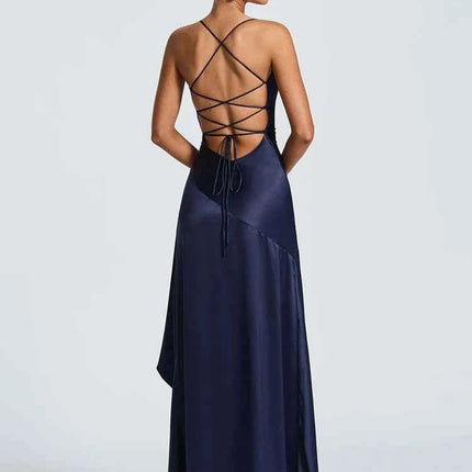 Mozision Satin Spaghetti Strap Ruffle Sexy Maxi Dress Women Off-shoulder Sleeveless Backless Thigh High Split Club Party Dress