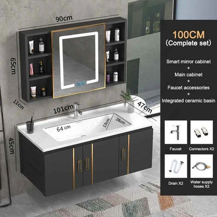 Bathroom Vanity Cabinet Set with Integrated Ceramic Sink Drain Accessories Wall Mounted Aluminum Storage Cabinet Mirror Combo