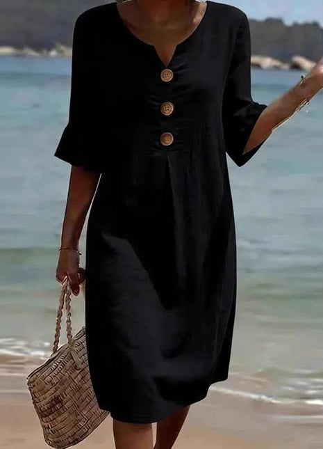 Abito Midi Vintage in Cotone e Lino da Donna, Collezione Primavera 2026, Casual con Scollo a V e Bottoni, Elegante con Maniche a Volant, Vestito da Festa a Trapezio